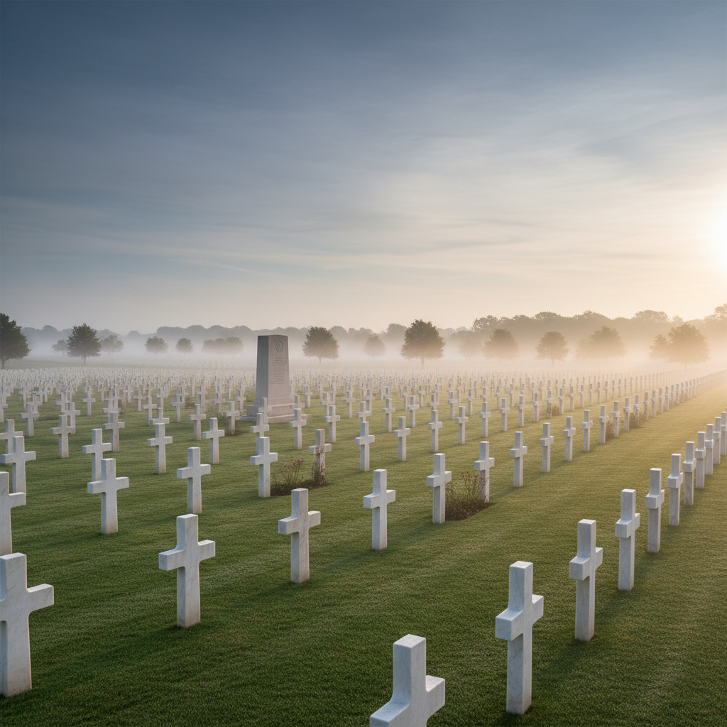 An expansive, photographic realism image of a WWII American military cemetery landscape at dawn, devoid of people. Long, orderly rows of light-colored headstones recede into the distance, each stone precisely aligned on gently sloping green grass. A simple, dignified memorial stone stands in the mid-ground, subtly engraved but not legible. Soft morning mist hangs low over the ground, and pale golden light from the rising sun creates elongated shadows and a quiet, reflective mood. Captured at eye level with a wide-angle lens, the composition uses the rule of thirds, with the sky occupying the upper portion and a calm, overcast gradient of blue and gray, conveying solemnity and respect without dramatization.