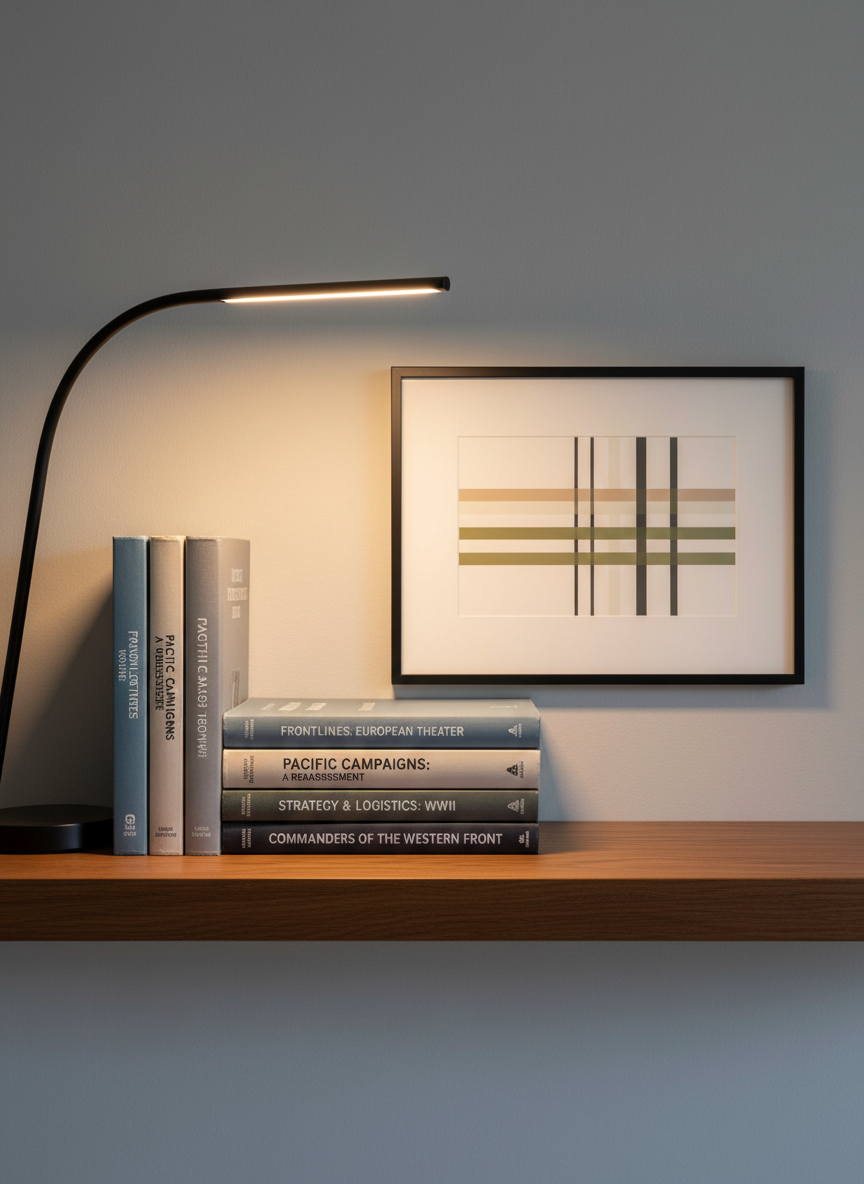 A photographic realism composition of a biography and publications display for a WWII military historian. On a smooth wooden shelf against a matte, light-gray wall, a small stack of hardcover books with minimalist, text-only dust jackets in muted blues and grays stands upright. Beside them, a framed, abstract representation of a research timeline uses simple lines and neutral blocks of color, avoiding any text. A slim, black metal desk lamp arcs overhead, casting warm, focused light that creates soft highlights along the book spines and subtle shadows behind them. Shot at eye level with a medium depth of field, the arrangement appears uncluttered and modern, projecting a professional, academic mood suitable for an “About” or “Publications” section.