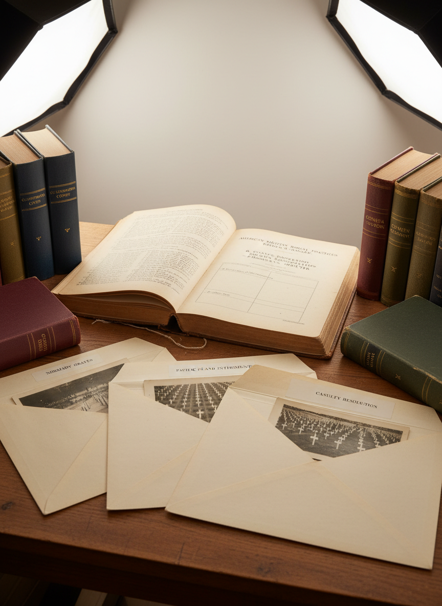 A close-up, photographic realism shot of a WWII-era archival storage table, emphasizing research materials on American military burial practices. In the center rests a large, open, sepia-toned field report book with crisp, fragile pages and typed lines, surrounded by cloth-bound volumes in muted navy and burgundy. Several acid-free envelopes with typed labels lie carefully arranged, their flaps slightly open to reveal edges of black-and-white photographs showing cemetery layouts without visible figures. Overhead, soft, neutral-toned studio lighting creates even illumination and minimal glare, producing a calm, focused study environment. Captured from a slightly elevated angle with a shallow depth of field, the central report is razor-sharp while the surrounding books gently blur, conveying meticulous academic inquiry and professionalism.