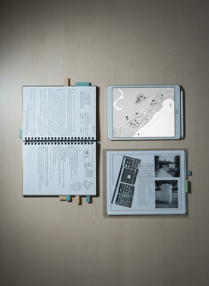 A clean, photographic realism image representing ongoing research projects in WWII American burial practices. On a pale wooden tabletop, several neatly arranged items form a visual narrative: a spiral-bound research notebook opened to a page of dense, illegible handwriting, a tablet displaying a grayscale map with small icons marking sites, and a clear plastic folder containing printed charts and cemetery layout diagrams. Colored sticky tabs in subdued tones mark key sections. Cool, diffused daylight from an unseen window to the left creates soft, directional lighting and gentle shadows, fostering a contemplative, studious mood. Captured from directly above in a flat-lay composition with sharp focus throughout, the image feels orderly, methodical, and thoughtfully organized for a professional academic website.